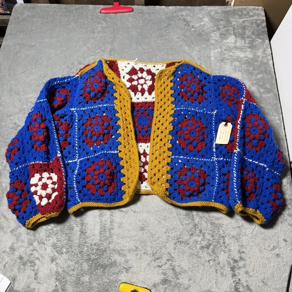 VTG 90s Handmade Grandma Crochet Oversized Open Cardigan One Size Fits Most - Picture 2 of 8